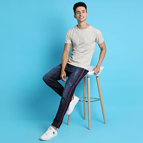 Image of CAHOOT Men's Navy Blue Tapered Dark- Wash Denim Jeans | Stretchable Cotton Mid-Rise Denim Jeans Crafted with Comfort Fit and High Performance for Everyday Wear