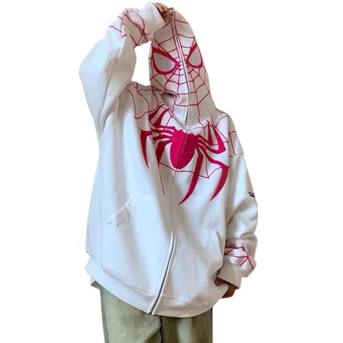 ORANDESIGNE Men's Women's Zip Hoodie Spider Print Hoodie Hip Hop Fashion Casual Velvet Lining Loose Sweater Cardigan C White XS - Image 2