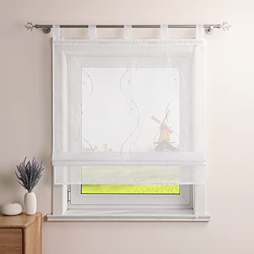 CORLIF Raffrollo Landhaus Raffgardine Küche Modern Schlaufenrollo Leinenoptik mit Wellenmuster Transparente Rollos Kurz Fenster Schal mit Schlaufen B/H 120/140 cm Weiß