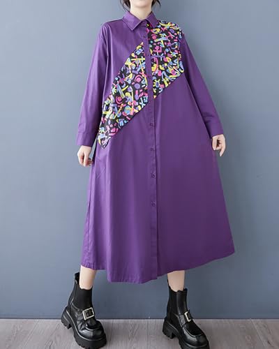 Image of ellazhu Womens Fall Casual Patchwork Funky Long Sleeve Designer Dress Loose Blouse GY2787 A