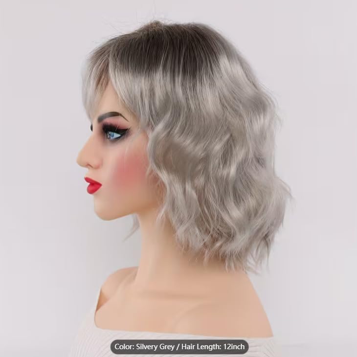 Image of Silvery Gray 12 Inch Medium Length Bob Short Layered Synthetic Wig | Women's Natural Straight Suitable For Daily Life Halloween