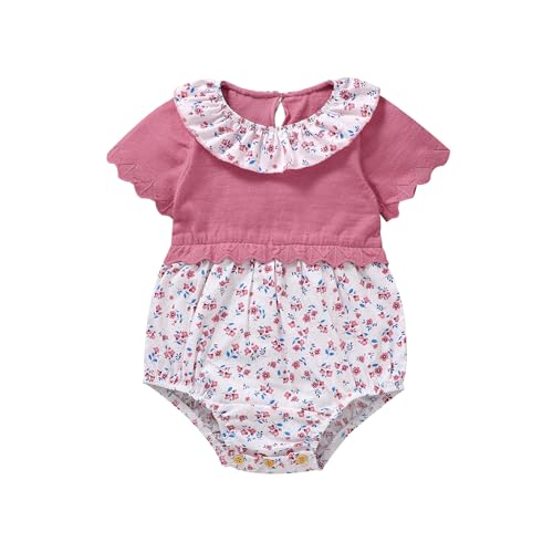 mimixiong Baby Romper Girls Knitted Ruffle One Piece Romper Short Sleeve Floral Jumpsuit Infant Summer Clothes Outfits Pink, 3-6Months