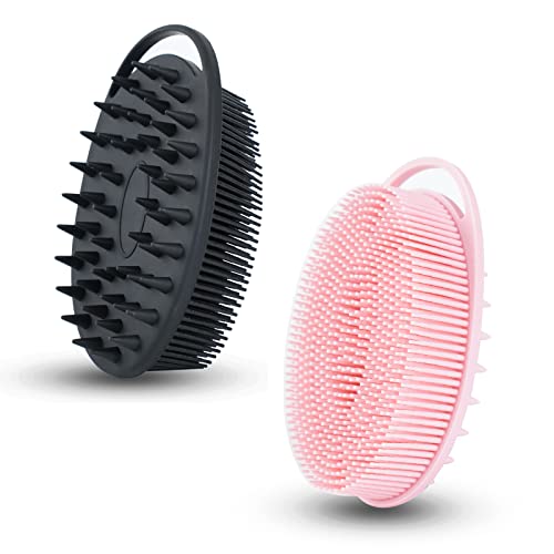 2-PC-Silicone-Exfoliating-Body-Scrubber-2-in-1-Silicone-Body-Shampoo-Brush-Soft-Silicone-Loofah-for-Sensitive-Skin-Shower-Silicone-Hair-Scalp-Massager-Easy-to-Clean-Lather-Well-BlackPink