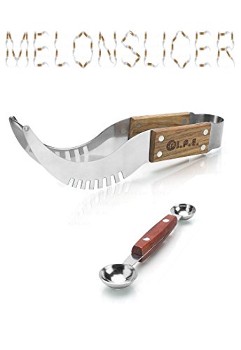 Watermelon Slicer and Serving Tong with Bonus Melon Baller, Made of Rust Proof Stainless Steel, for Home Kitchen Picnics and Entertaining (2 Piece Set) Watermelon Slicer and Serving Tong with Bonus Melon Baller, Made of Rust Proof Stainless Steel, for Home Kitchen Picnics and Entertaining (2 Piece Set)