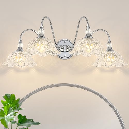 Image of Brushed Chrome 4-Light Bathroom Vanity Light with Floral Clear Glass Shades, Modern Wall Mount Lighting for Bathroom, Dressing Table