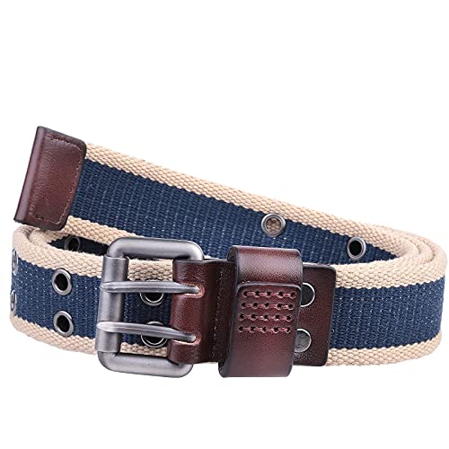 Samtree Vintage Canvas Double Grommet Belt For Men Women, Unisex Striped Casual Square Buckle 2 Hole Web Belt For Jeans, Navy Blue+Khaki #TOP1