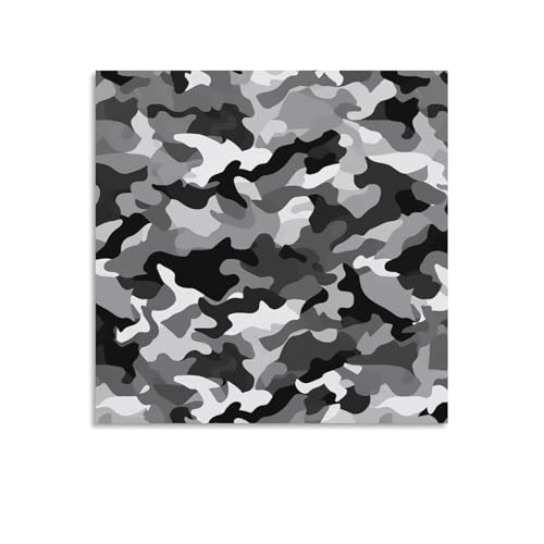 Toile murale abstraite camouflage noir gris blanc 60x60cm pour décoration intérieure épurée