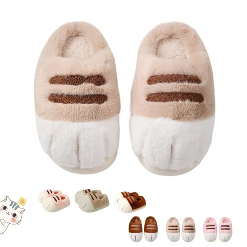 Adorable Cat Paw Slippers for Women, Cozy Fuzzy Memory Foam House Shoes with Non-Slip Sole Fluffy Platform Slippers (13/14,Khaki B)