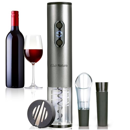 SET DE VINO '4 en 1' CON SACACORCHOS ELÉCTRICO. Fácil, rápido y seguro. Extrae el corcho pulsando un botón Con 3 accesorios: Corta-Cápsulas, Tapón Decantador y Tapón de Vacío Incluye pilas recargables