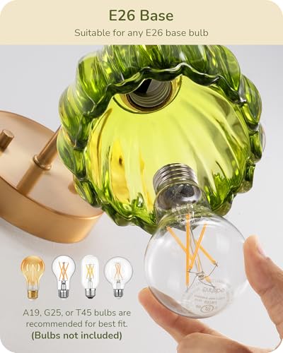 Image of EDISHINE Vintage Brass Wall Sconces with Adjustable Green Tulip Glass Shade | Hardwired, 180 & 270 Adjustable, Rotary Switch, Vintage & Modern, E26, Ideal for Bathroom, Bedroom, Hallway