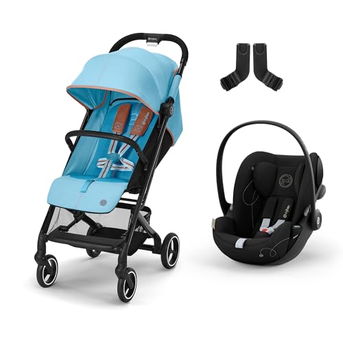 CYBEX Gold Kinderwagen Beezy, Ab Geburt bis ca. 4 Jahre, Beach Blue, Inkl. Beezy Adapter und CYBEX Gold Babyschale Cloud G i-Size Inkl. Neugeboreneneinlage, ab Geburt bis ca. 24 Monate, Moon Black