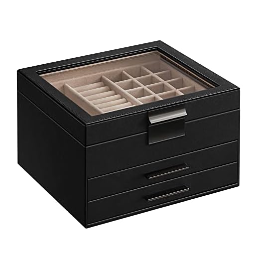 SONGMICS Caja de Joyas con Tapa de Cristal, Regalos Navidad, Organizador de Joyas de 3 Capas con 2 Cajones, Regalo para Seres Queridos, Negro JBC239BK