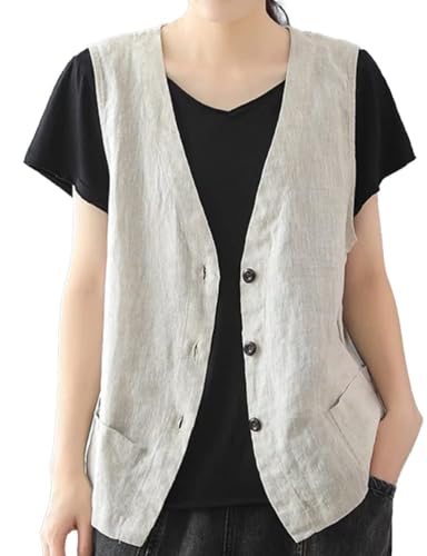 IDEALSANXUN Linen Vest for Women Fashion Casual Tops 2024 Summer Cute Lightweight Sleeveless Blazer Jackets Spring Break Outfits Resort Wear Cardigan, Beige, XL