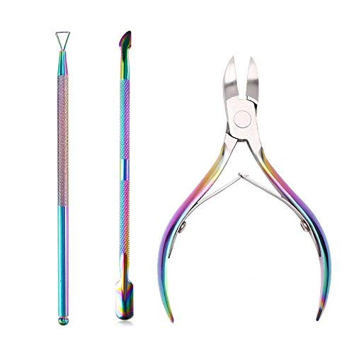 WOKOTO Colorful Nail Art Cuticle Nipper With Triangle Gel Polish Remover And 2 Way Spoon Cuticle Pusher Stainless Steel Cuticle Remover Tool Set