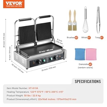 VEVOR kommerzieller Panini-Grill, elektrischer Panini-Sandwich-Maker mit 3600 W, Doppel-Sandwich-Grill aus Edelstahl, Panini-Grill mit Temperaturregelung und emaillierter flacher 19"x9" – Bild 8