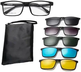 Armação de Óculos Para Grau e Sol, Clip On 6 em 1 Polarizado, Preto, com 5 Lentes Intercambiáveis, Modelo 12124