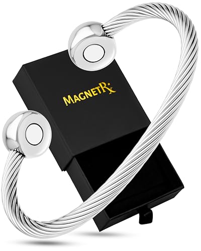 MagnetRX Magnetic Bracelet Cuff - Twisted Cable Stainless Steel Bangle Magnetic Bracelets - Elegant Golf Bracelet Men & Women (Silver | Medium)