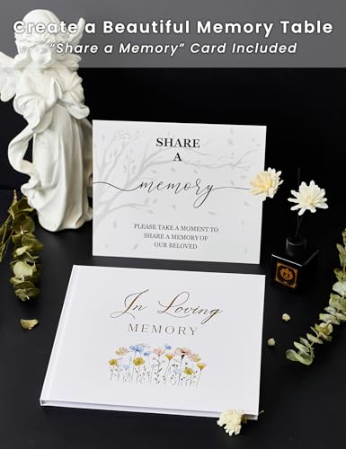 Image of Funeral Guest Book for Memorial Service, in Loving Memory 9x7.5 | 330 Guest Entries, Table Sign Included, Gold Stamping, Wild Floral Design, Celebration of Life Keepsake