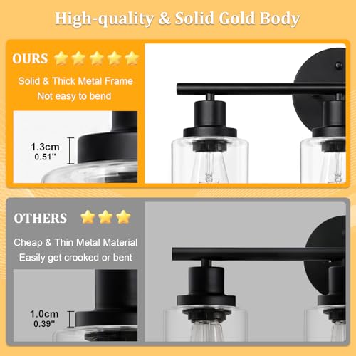 Image of Unicozin Modern Bathroom Light Fixtures, 3 Light Vanity Lights with E26 Bulbs, Black Wall Lamp with Clear Glass for Mirror Living Room Hallway Cabinet Porch