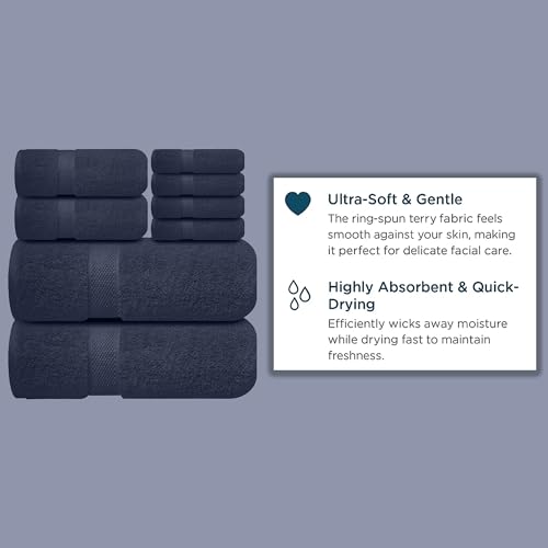 Image of Sulfar 100% Combed Cotton, 8 Pcs Towel Set - 2 Bath Towels (70 x 140 cm), 2 Hand Towels (40 x 70 cm) and 4 Washcloths (30 x 30 cm) (600 GSM, Pack of 8) Navy