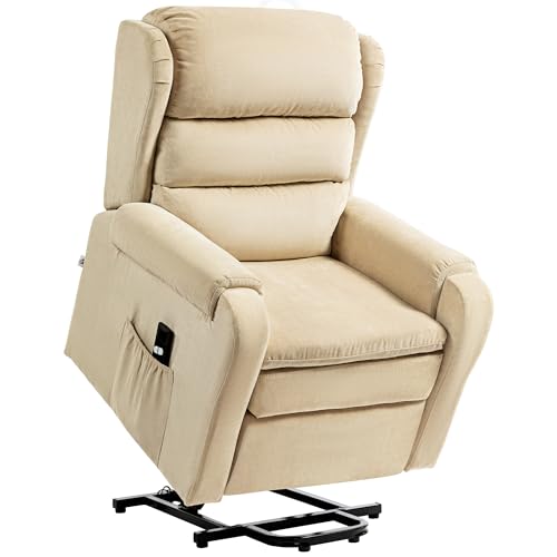 HOMCOM Poltrona Elettrica Alzapersona Reclinabile 160°, Poltrona Relax Elettrica in Velluto con Telecomando, Poggiapiedi e Tasche Laterali, Crema