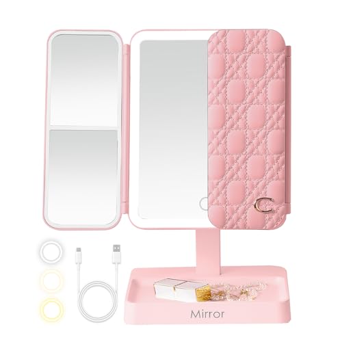 StellarHorizon Makeup Mirror Vanity Mirror with Lights, 83 LEDs, 360-Degree Uniform Fill Light, 3-Color Lighting, Touch Control, Trifold Makeup Mirror,Portable Led Travel Mirror，Women Gift
