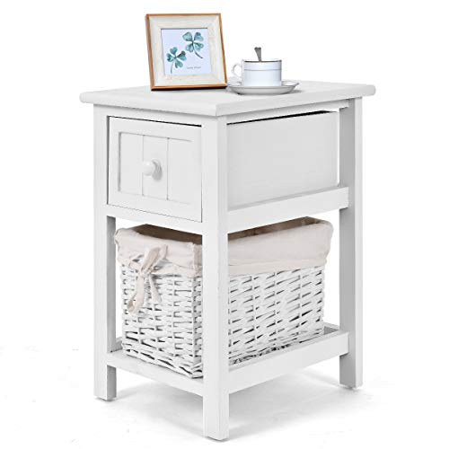 DREAMADE Table de Chevet,Table de Nuit en Bois avec Tiroir de Rangement,Panier en Osier,Poignée Ronde pour Chambre à Coucher,Salon,Bureau 28 X 31 X 45CM (Blanc)