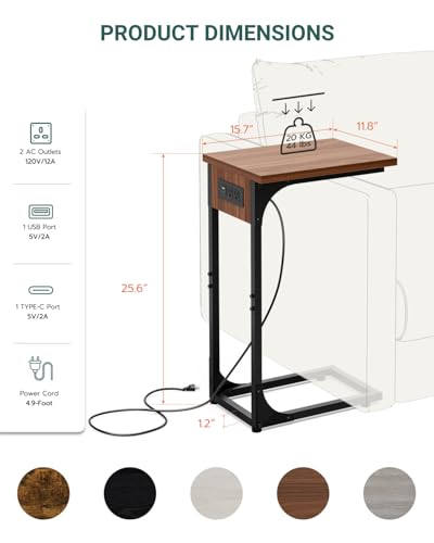 Image of C-Shaped Side Table for Couch - Small Coffee Stand Sofa Tray Desk with Metal Frame Waterproof Scratch Resistant Wood Top and Built-in Charging Station, Rustic Walnut