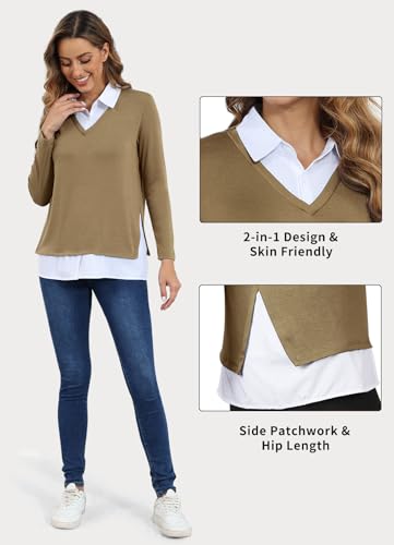 Image of Vldnery Womens Fall Winter Sweater 2025 Trendy Clothes Oversized V Neck Long Sleeve Shirts 2 in 1 Outfit Casual Pullover Tops