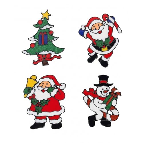 Pegatinas de Gel Navideñas para Ventanas, 4 diseños, Calcomanías Decorativas de Ventana, Santa Claus y Muñeco de Nieve, Tema Navideño (03)