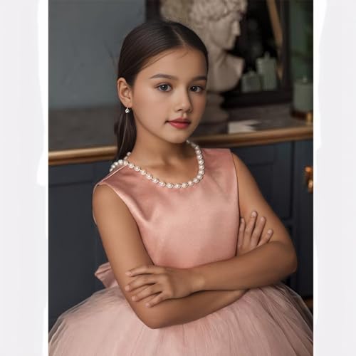 Flower Girls Dresses for Wedding Satin Tulle Pageant Princess Prom Ball Gowns with Pearls and Bow-Knot2