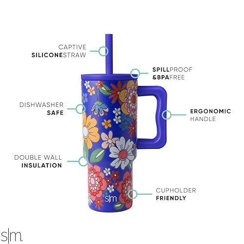 Image of Simple Modern Kids 24 oz Tumbler with Handle and Silicone Straw Lid | Spill Proof and Leak Resistant | Reusable Stainless Steel Bottle | Gift for Kids Boys Girls | Trek Collection | Flower Power