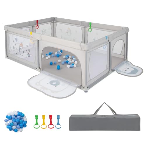 LIFEZEAL Recinto per Bambini, 206x147x68, Box Bambini in Tessuto e Rete Traspirante, Box Neonato con Borsa, Anelli e Palline Colorate per Gioco, Recinto per Bimbi 0~3 Anni (pinguini)