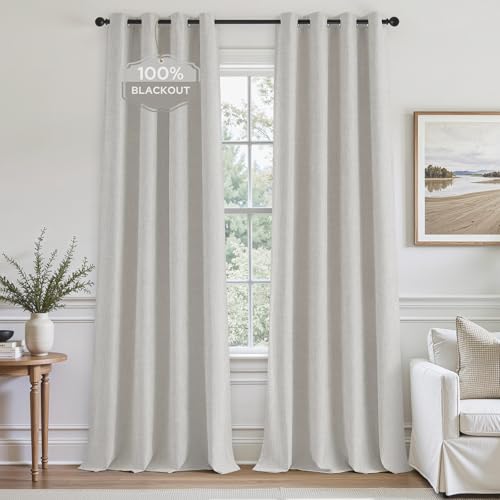 HOMEIDEAS 100% Light Beige Linen Blackout Curtains for Bedroom, 52