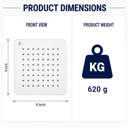 Image of Maipo Koller 8 Inch Square Rain Shower Head, Stainless Steel High Pressure Overhead Bathroom Shower, Chrome Finish, Anti-Clog Silicone Nozzles, Easy Installation