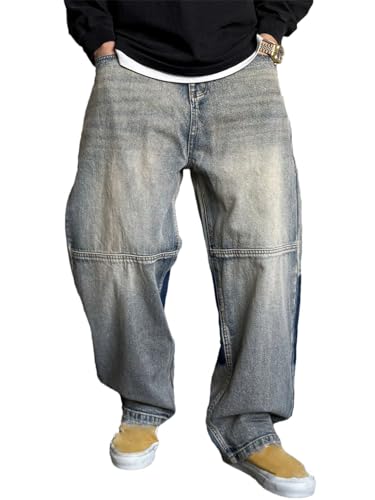 Men’S Trendy Vintage Oversized Loose Baggy Cotton Trousers Button Fly Distressed Washed Patchwork Full Length Jeans