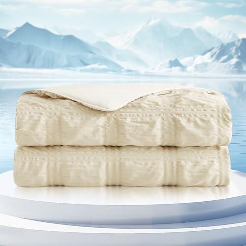 Cozy Bliss Cooling Comforter Seersucker Plaid Twin, Q-Max 0.4 Reversible Lightweight Cooling Blanket, Breathable Silk Smooth Summer Bedding Quilt for Hot Sleepers Night Sweats Khaki