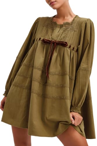 D-Sun Women Babydoll Dress Long Puff Sleeve Square Neck Lace A-Line Flowy Mini Dress Tie Embroidered Ruffled Y2K