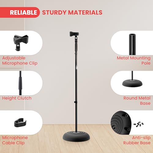 Image of Pyle Adjustable Height Microphone Stand, 36.2 inch - 63.7 inch Inches Universal Mic Holder, Compact Design, Sturdy and Lightweight, Ideal for Studio and Concerts, With Mic Clip, Rubber Base (Black)