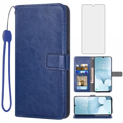 Étui portefeuille TCL 40 XL Asuwish avec protection écran verre et porte-carte bleu