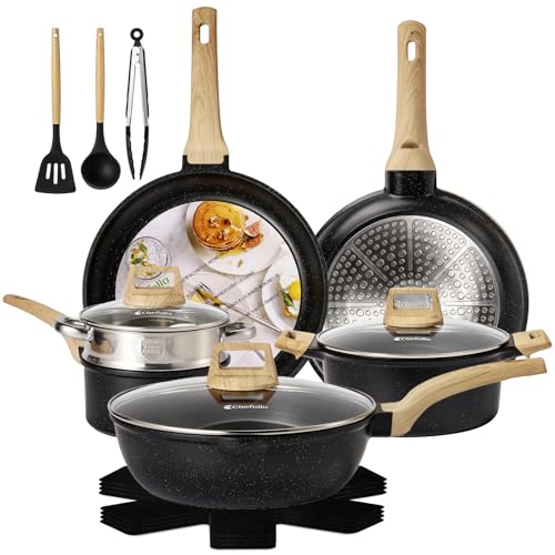 Catálogo de Bateria Flavor Stone - los preferidos. 43 CHEFOLLA Sartenes Antiadherentes, Bateria de Cocina, Juego de ollas y sarten 12 Piezas, Juego de Utensilios de Cocina de Inducción de Color (Negro)