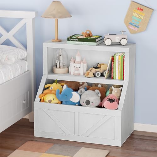 GarveeHome Kids Bookshelf and Toy Storage, 2 Tier Toy Organizer with Storage Cabinet, Toddler 2 Shelf Bookcase for Playroom, Bedroom, Living Room, Classroom, Vintage White