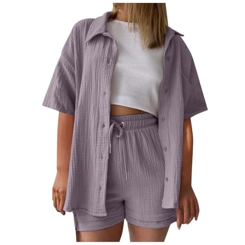 Summer Zweiteiler Damen Musselin Bluse Set, Elegant Leinen Bluse Hemd Und Shorts Einfarbig Lounge Set Strand Y2k Clothes Baumwolle Sportanzug Oversize Freizeitanzug Kurzarm Hausanzug Outfits A