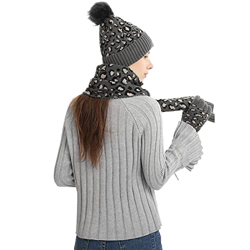 Winter 3 in 1 Scarf Hat Glove Set for Women Beanie Hat Long Scarf Touch Screen Gloves Leopard Knitted with Pom Pom3