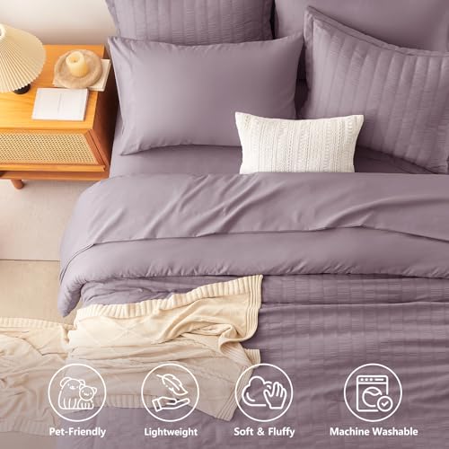 Image of CozyLux Oversized Queen Comforter Set with Sheets, 7 Pieces 98 inchx98 inch Dusty Purple Seersucker Bed in a Bag, Soft Grayish Purple Bedding Sets with Down Alternative Comforter, Sheets, Pillowcases & Shams