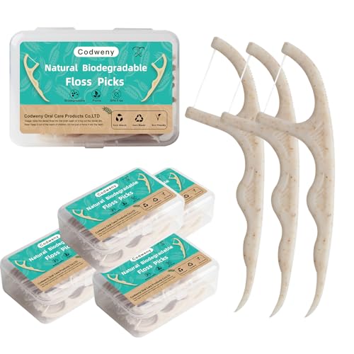 Wheat Straw Biodegradable Dental Floss Picks 200 Counts Natural Handle Tooth Flossers Sticks Oral Care Keep Clean with 4 Travel Handy Cases