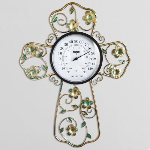 Senflame Wall Thermometer Indoor Home with Cross and Floral Design - Metal Prayer Room Decor for Christian