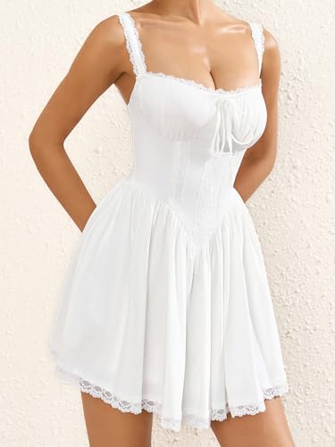 Womens Summer Mini Dress Square Neck Tie Front Lace Spliced Ruched Backless Casual Party Graduation Short Bodycon Dresses3