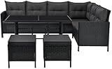 Juskys Polyrattan Lounge Manacor mit Ecksofa, Esstisch, 2 Hocker & Kissen - wetterfest bis 7 Personen - Bezüge waschbar - Rattan Garten Sitzgruppe Gartenlounge Gartenmöbel Set - Schwarz/Grau