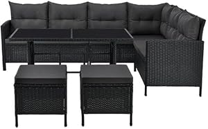 Juskys Polyrattan Lounge Manacor mit Ecksofa, Esstisch, 2 Hocker & Kissen - wetterfest bis 7 Personen - Bezüge waschbar - Rattan Garten Sitzgruppe Gartenlounge Gartenmöbel Set - Schwarz/Grau